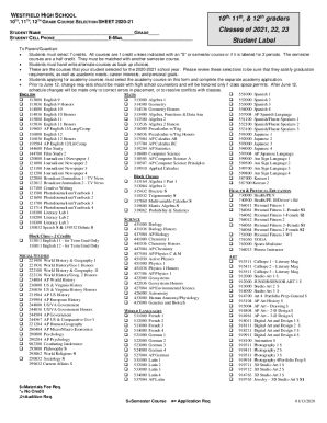 Westfield High School Course Selection Sheet