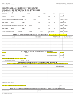 California Child Care Emergency Information Form