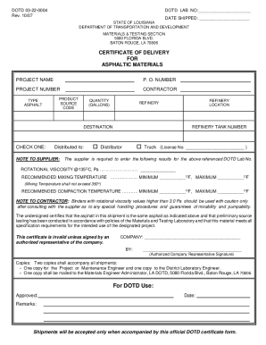 Louisiana Asphalt Delivery Certificate