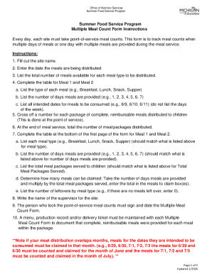 Summer Food Service Program Multiple Meal Count Form