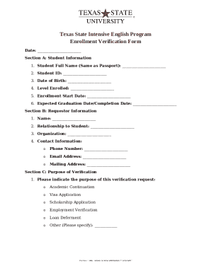 Texas State Intensive English Program Enrollment Verification Form