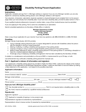Michigan Disability Parking Placard Application