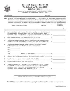 Maine Research Expense Tax Credit Worksheet