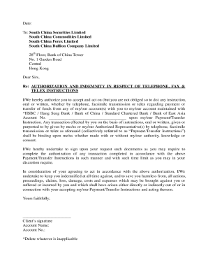 Authorization and Indemnity for Payment Instructions