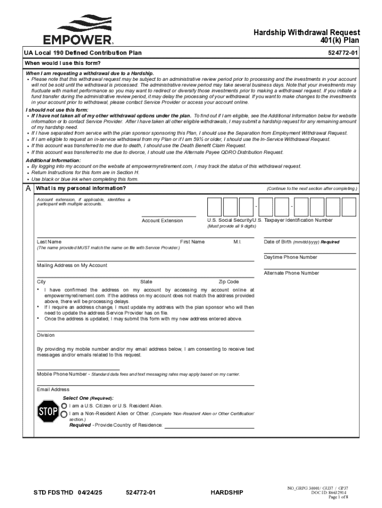 UA Local 190 Hardship Withdrawal Request Form - Blank Fillable Template ...
