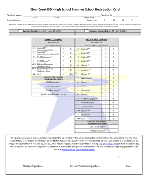 Clear Creek ISD High School Summer School Registration Card