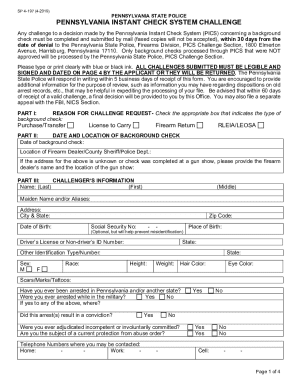 Pennsylvania Instant Check System Challenge Form