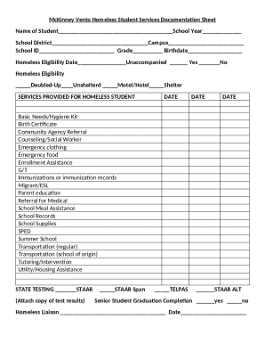 McKinney Vento Homeless Student Services Documentation Sheet
