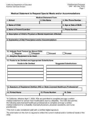 California Medical Statement for Special Meals