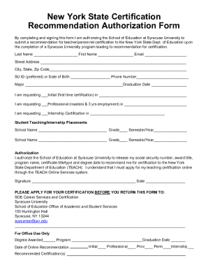 New York State Certification Recommendation Authorization Form