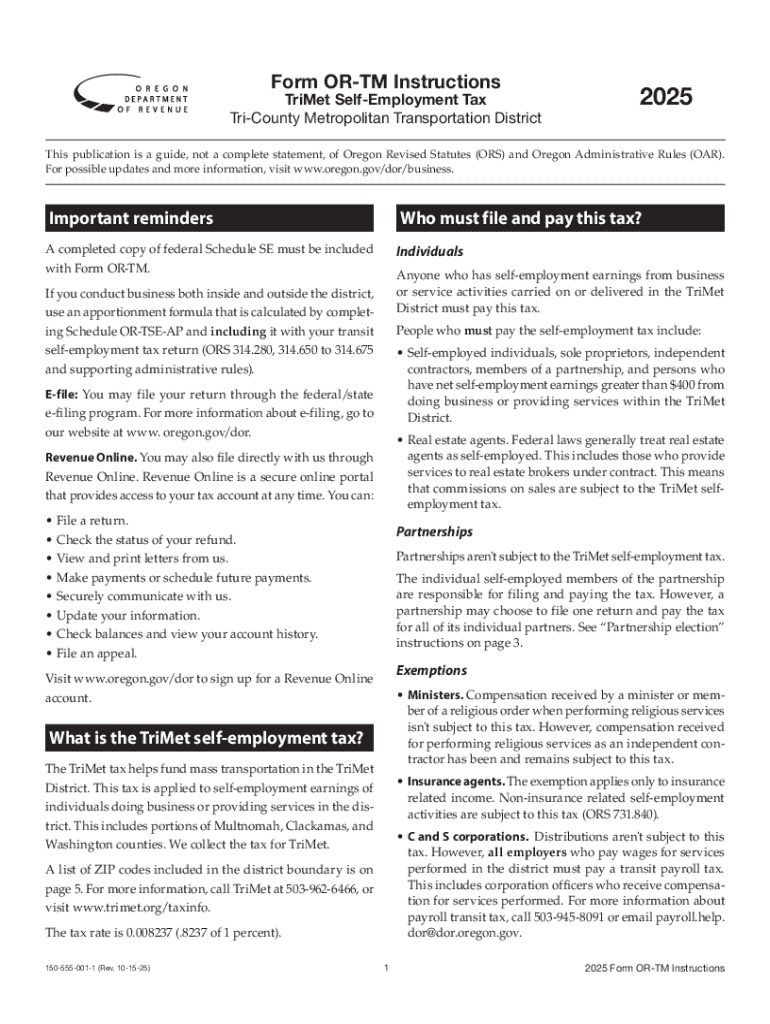 TriMet Self-Employment Tax Form OR-TM Instructions Preview on Page 1