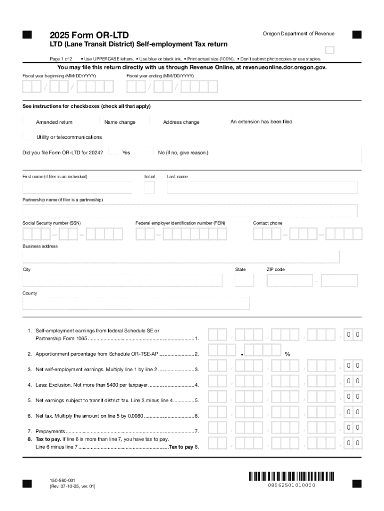 2025 Form OR-LTD Oregon Self-Employment Tax Return Preview on Page 1