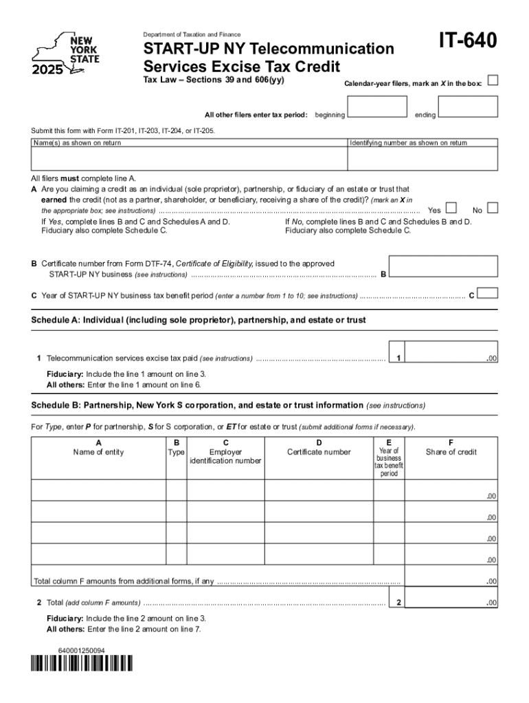 Form IT-640 START-UP NY Telecommunication Services Excise Tax Credit Tax Year 2025 Preview on Page 1