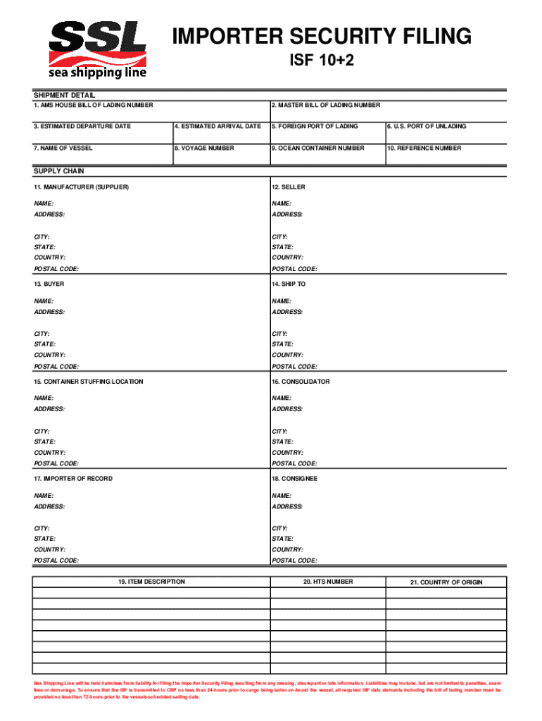 Importer Security Filing Form - Blank Fillable Template | Fill Out ...