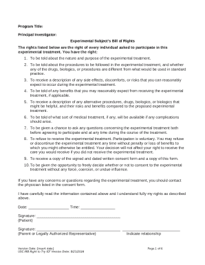 Experimental Subject’s Bill of Rights Form