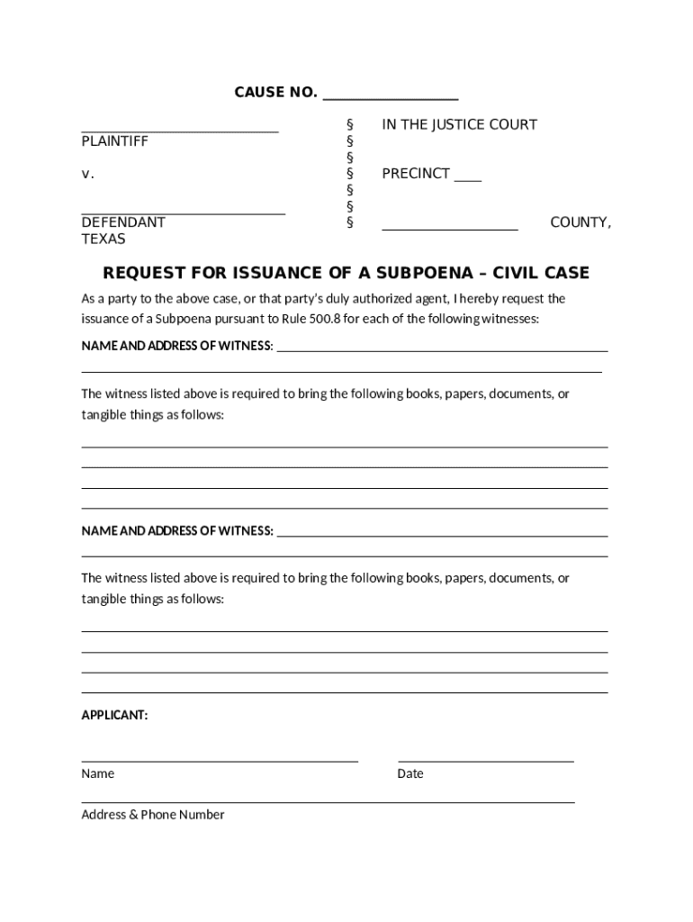 Request for Issuance of a Subpoena Doc Template | pdfFiller