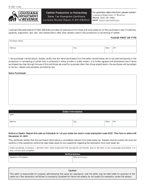Louisiana Catfish Production Sales Tax Exemption Certificate