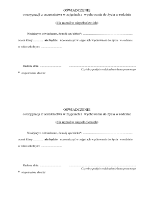 OŚWIADCZENIE o rezygnacji z uczestnictwa w zajęciach z wychowania do życia w rodzinie