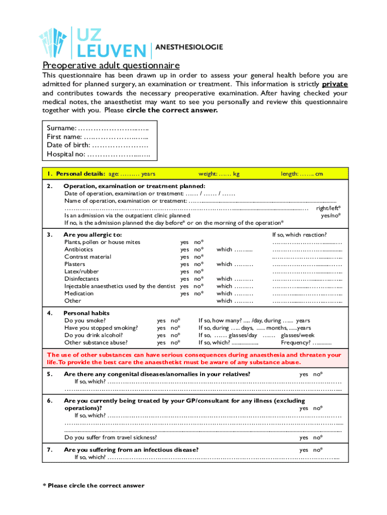 Preoperative Adult Questionnaire - Blank Fillable Template | Fill Out ...