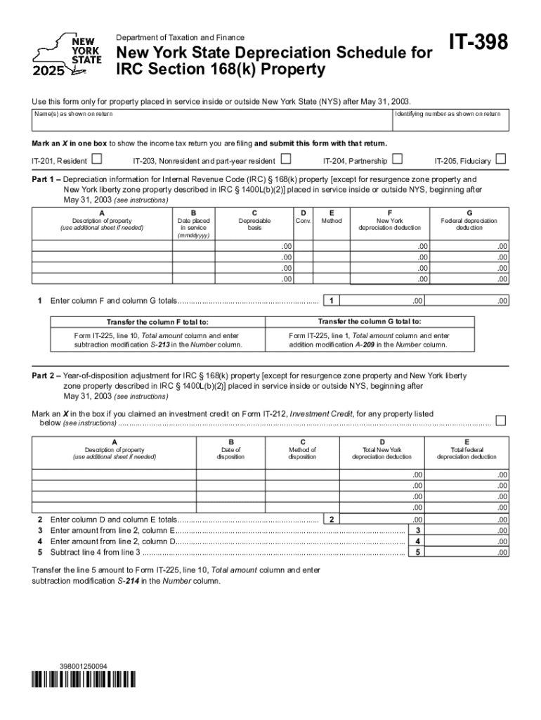 New York State Depreciation Schedule for IT-398 Preview on Page 1