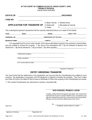 Ohio Application and Order for Transfer of Title