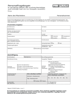 Personalfragebogen für Minijob