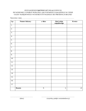 VAT Invoice Summary for Excise Tax Refund Application