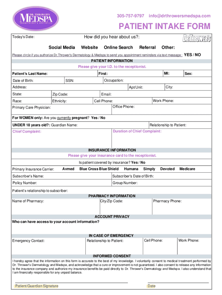 Patient Intake Form - Blank Fillable Template | Fill Out, Print ...