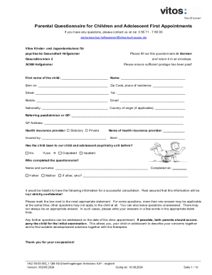 Parental Questionnaire for Children and Adolescent First Appointments