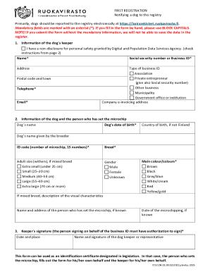 Finnish Dog Registry First Registration Form
