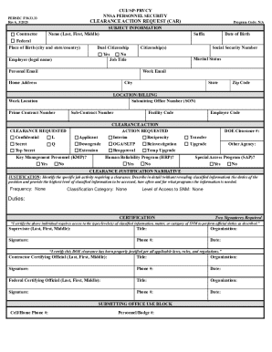 NNSA Personnel Security Clearance Action Request