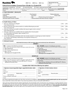 Manitoba School Immunization Consent Form