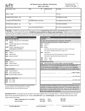 KISD 6th Grade Course Selection Worksheet