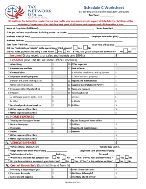Schedule C Worksheet for Self-Employed