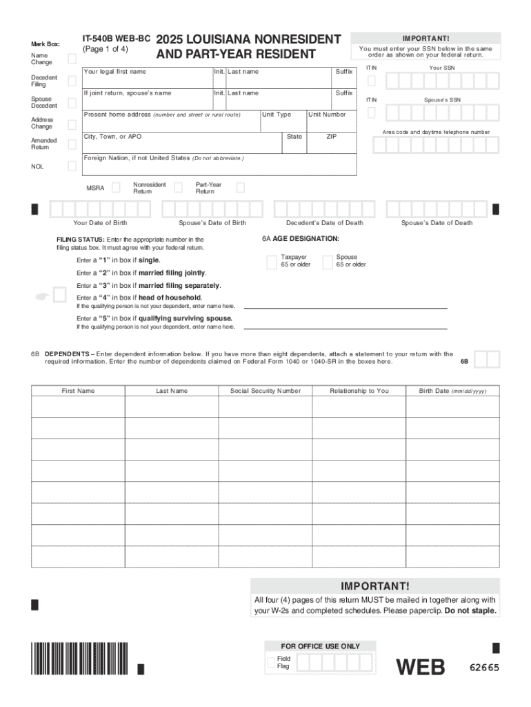 2025 Louisiana Nonresident Part-Year Resident Tax Form Preview on Page 1