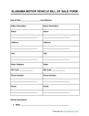 Alabama Motor Vehicle Bill of Sale Form