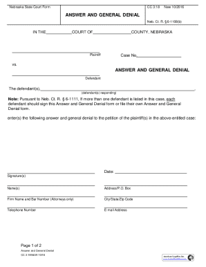 Nebraska State Court Form CC 3:18 Answer and General Denial