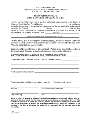 Arkansas Sales Tax Exemption Certificate