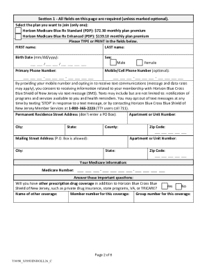 Horizon Blue Cross Blue Shield of New Jersey Prescription Drug Plan Enrollment Form
