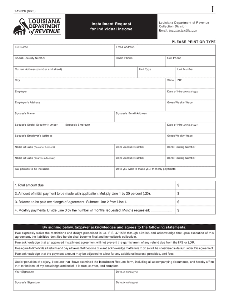Louisiana Installment Request Form R-19026 Preview on Page 1