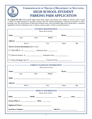 Virginia High School Student Parking Pass Application