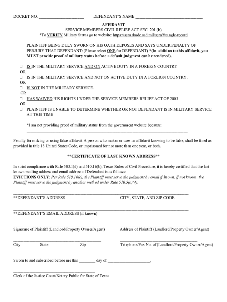 Affidavit of Military Status - Blank Fillable Template | Fill Out ...