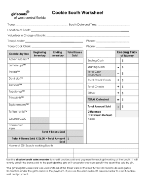 Girl Scouts Cookie Booth Worksheet