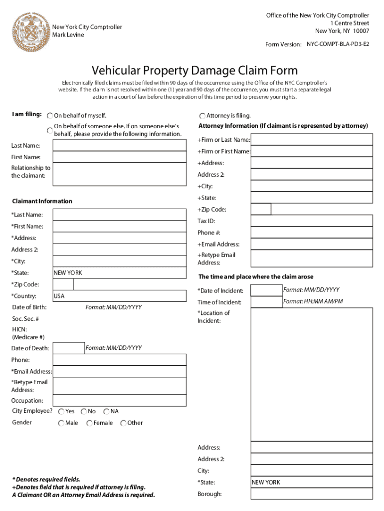 NYC Vehicular Property Damage Claim Form - Blank Fillable Template ...