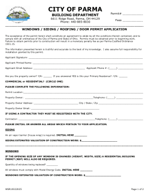 City of Parma Windows Siding Roofing Door Permit Application