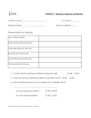 Vehicle Business Expense Worksheet