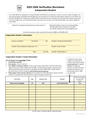 2025-2026 FAFSA Verification Worksheet