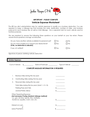 Vehicle Expense Worksheet