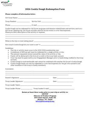 Girl Scout Cookie Dough Redemption Form