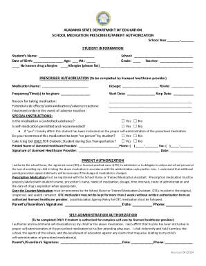 Alabama School Medication Prescriber Parent Authorization